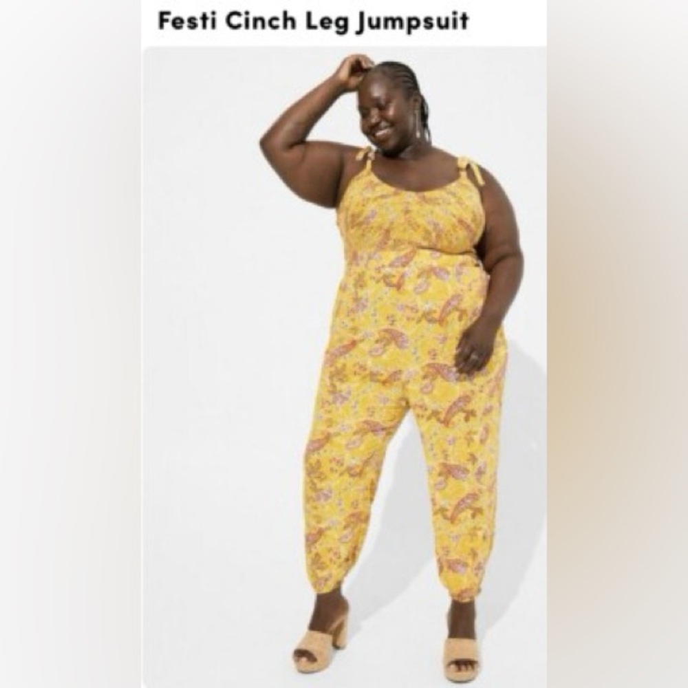 Torrid’s “Festi” Yellow Floral Tie-Shoulder Jogger Jumpsuit